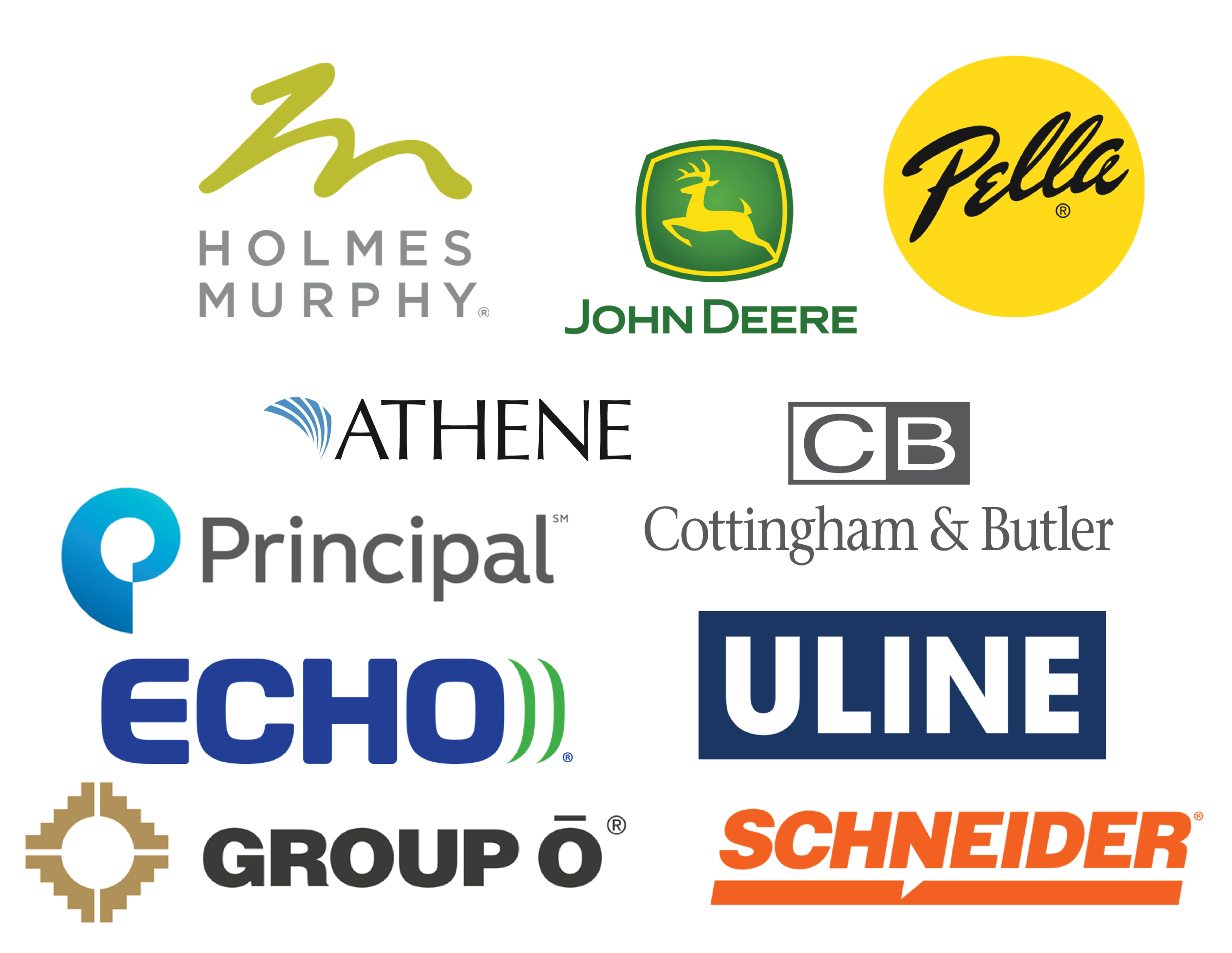 Logos of Holmes Murphy, Cottingham & Butler, Athene, John Deere, Pella, Uline, Principal, Echo Logistics, Group O, and Schneider