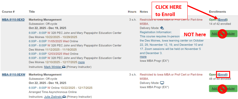 Registration instructions - arrow pointing to Enroll link in blue text