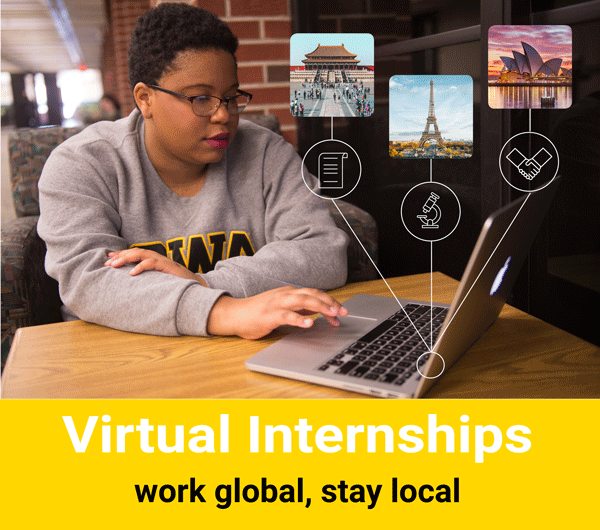 Student using a laptop to find information about virtual internships