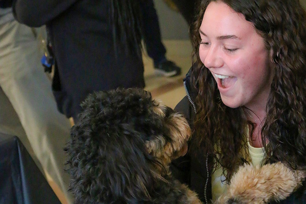 Student with a dog at an emotional health event