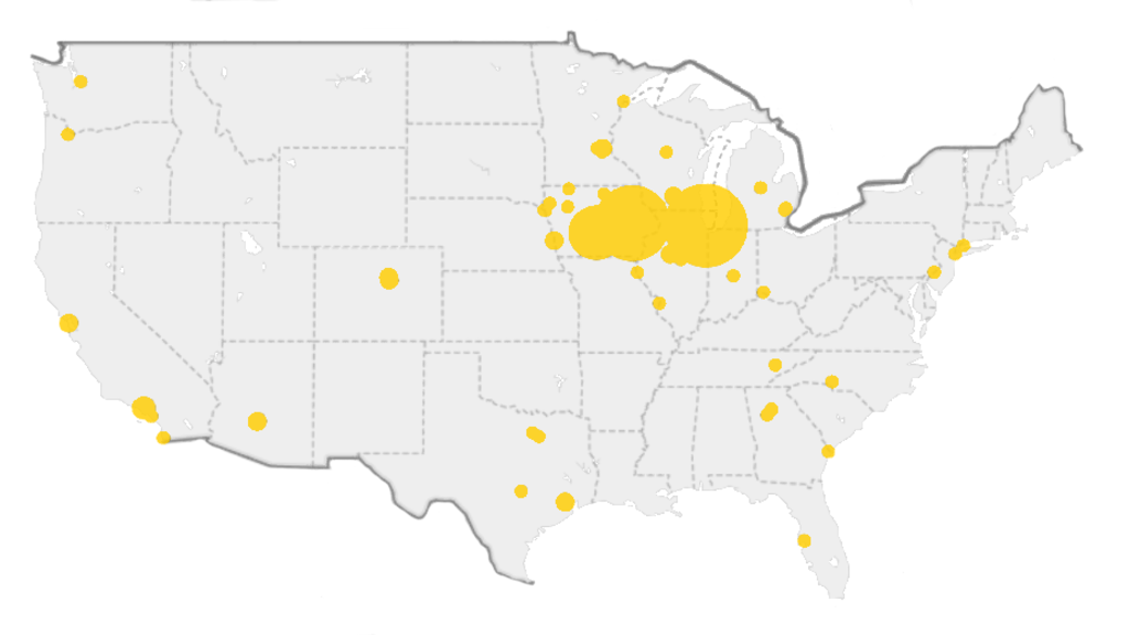 Map of the United States where undergrad students had internships in summer 2022.