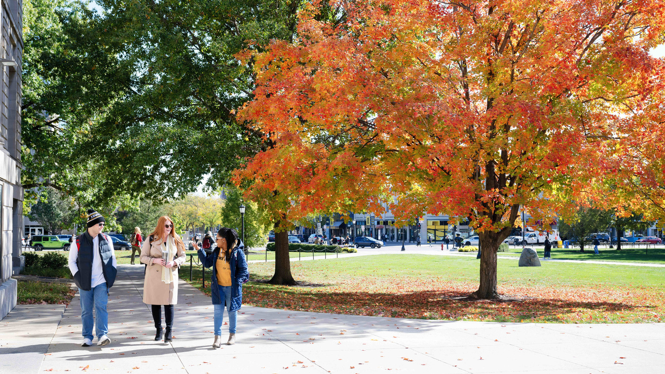Three people walking on a sidewalk next to autumn trees with dark green and bright orange leaves